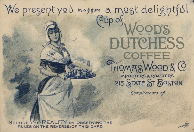 Maid tarjoilee kahvia, mainos Woods Duchess Coffeelle, Boston tekijältä American School