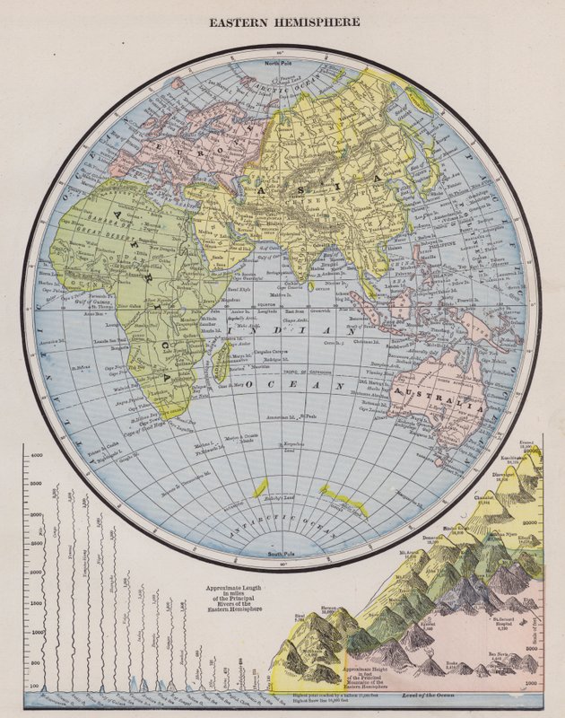 Itäisen pallonpuoliskon kartta (värillinen kaiverrus) tekijältä American School
