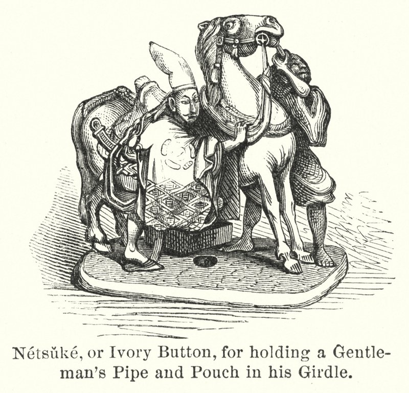 Netsuke tai Ivory Button, joka piti herrasmiehen piipua ja pussia vyöllään (kaiverrus) tekijältä American School