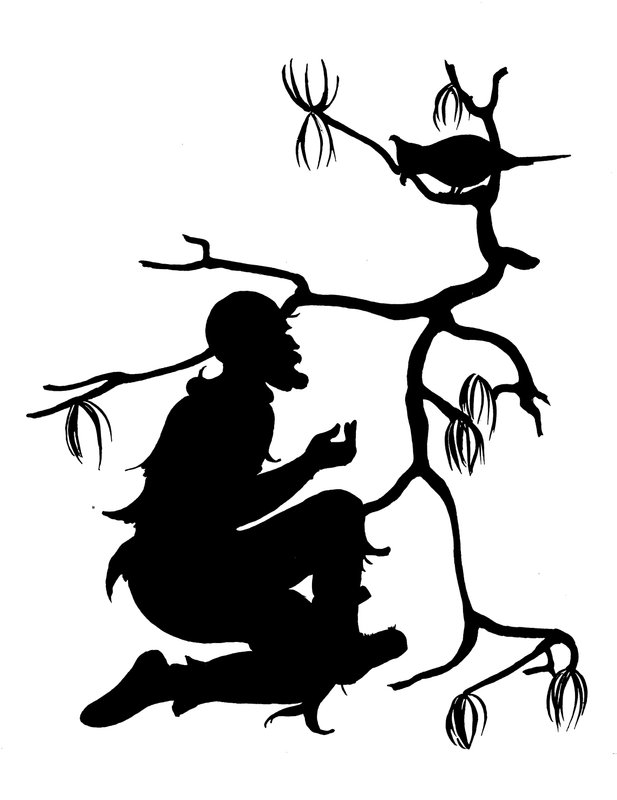 Yksi Robinson Crusoe -sarjan silueteista (litografia). tekijältä American School