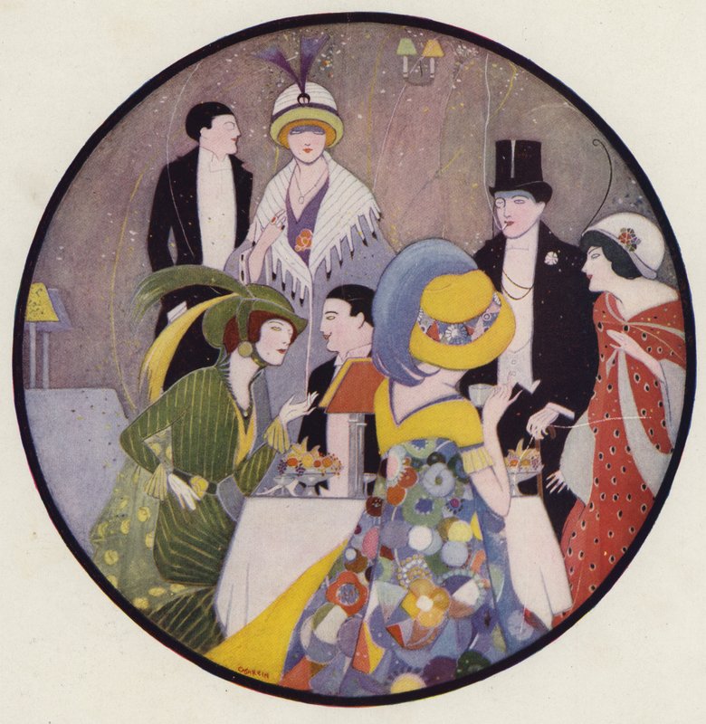 Ihmiset seurustelevat näytelmän jälkeen, kohtaus J. A. Waldronin novellista After The Play (värilitografia). tekijältä American School