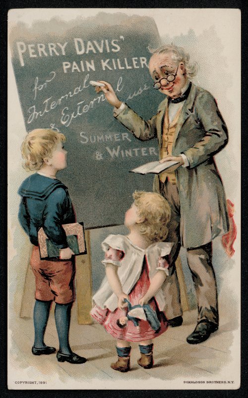 Perry Davis kipulääke, mainos 1800-luvun puolivälissä (chromolitho) tekijältä American School