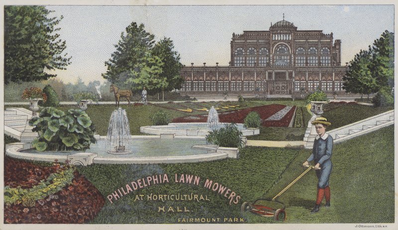 Philadelphian ruohonleikkurit puutarhataloushallissa (chromolitho) tekijältä American School