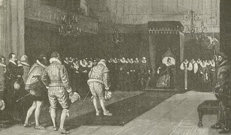 Kuningatar Elisabet vastaanottaa Ranskan suurlähettiläät Pyhän Bartolomeuksen verilöylyn jälkeen, Wm F Yeamesin maalauksesta tekijältä American School