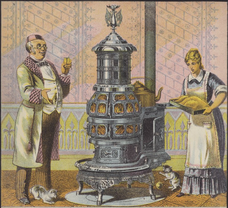 Palvelija laittaa kalkkunan suurelle liesille, talon isäntä katselee (chromolitho) tekijältä American School