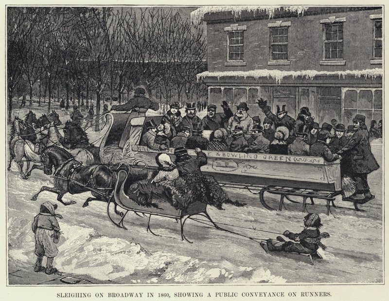 Kelkkailua Broadwaylla vuonna 1860, julkinen kulkue juoksijoilla (litho) tekijältä American School