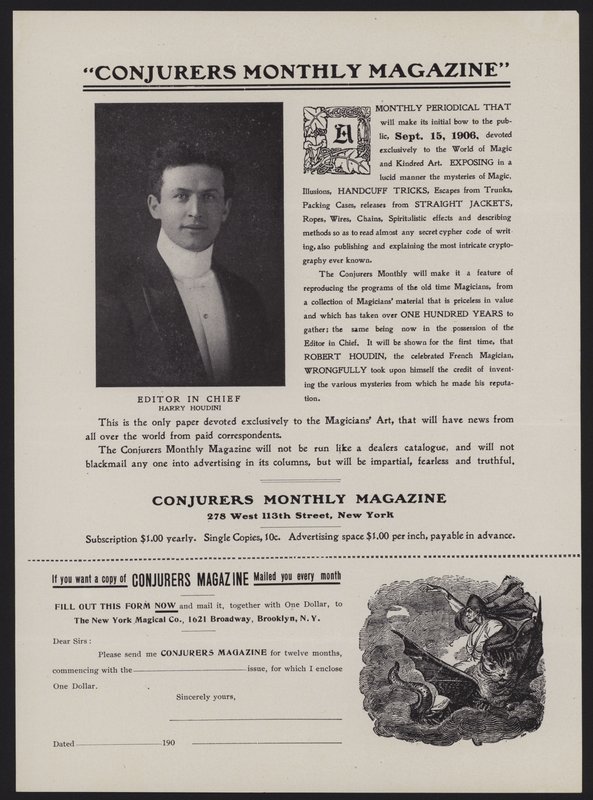 Conjurers Monthly Magazine -lehden tilauslomake, päätoimittaja Harry Houdini (litho) tekijältä American School