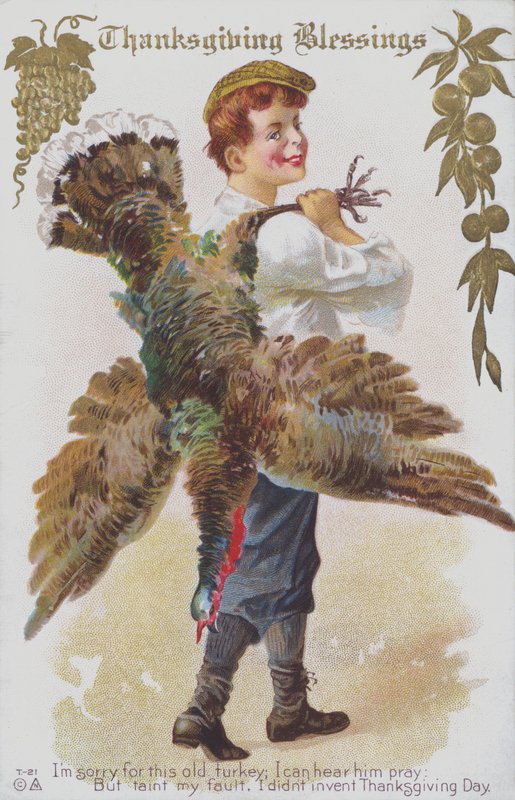 Kiitospäivän onnittelukortti, jossa on mies ja kalkkuna. (chromolitho) tekijältä American School
