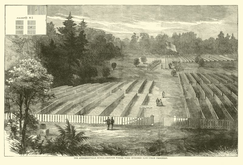 Andersonvillen hautausmaat, jonne haudattiin 14 000 unionin vankia, toukokuu 1865 tekijältä American School