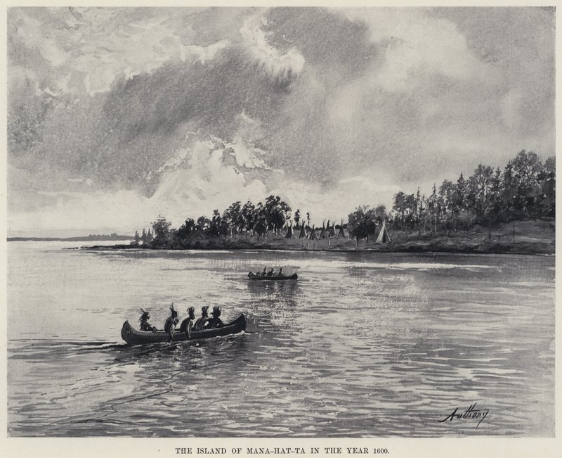 Mana-hat-tan saari vuonna 1600 (litho) tekijältä American School