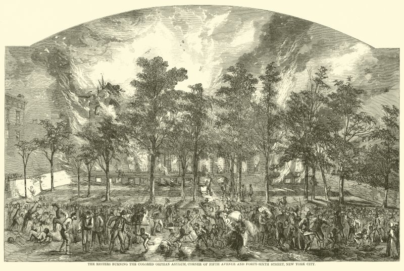 Mellakkaat polttivat Colored Orphan Asylumia Fifth Avenuen ja Forty-Sixth Streetin kulmassa New Yorkissa heinäkuussa 1863 tekijältä American School