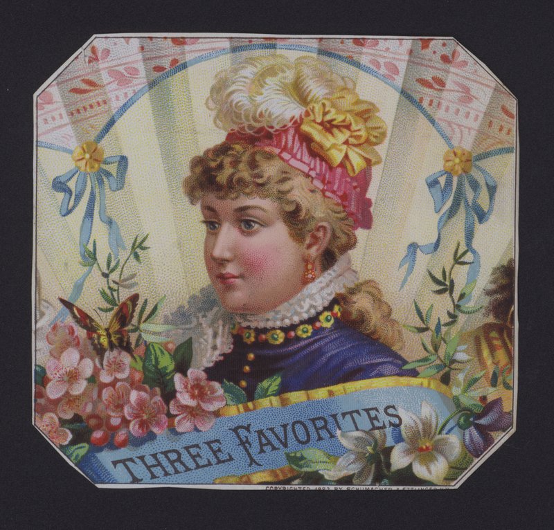 Kolme suosikkia, sikarin etiketti (chromolitho) tekijältä American School