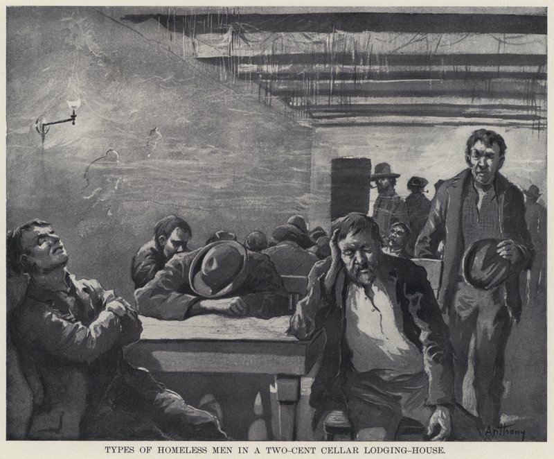 Asunnottomien miesten tyypit kahden sentin kellarimajatalossa (litho) tekijältä American School