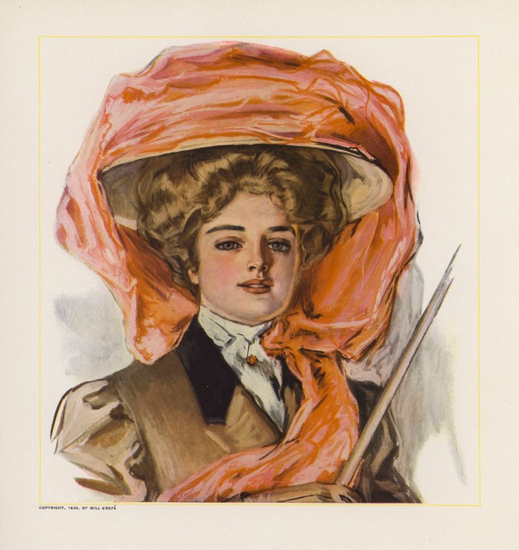 Nuori nainen, jolla on hattu, jossa on oranssi organza-koriste (värilitografia). tekijältä American School