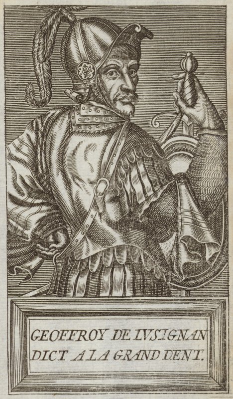 Geoffrey of Lusignan, Jaffan ja Ascalonin kreivi, Vouvantin ja Montcontourin ja Soubisen Merventin lordi, kuvitus teoksesta "Kuvallisten miesten muotokuvat ja elämä", 1584 tekijältä Andre Thevet