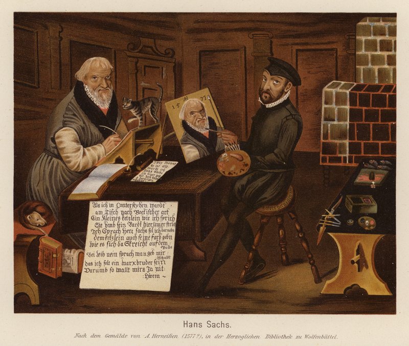 Hans Sachs, saksalainen mestarilaulaja, runoilija ja näytelmäkirjailija (värilitografia). tekijältä Andreas Herneisen