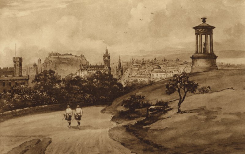 Edinburgh: Dugald Stewartin muistomerkiltä, Calton Hill (litho) tekijältä Andrew Allan