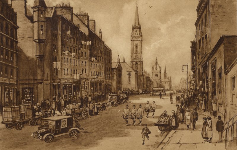 Edinburgh: High Street, näkymä kohti Tronin kirkkoa ja St Gilesin katedraalia (litho) tekijältä Andrew Allan