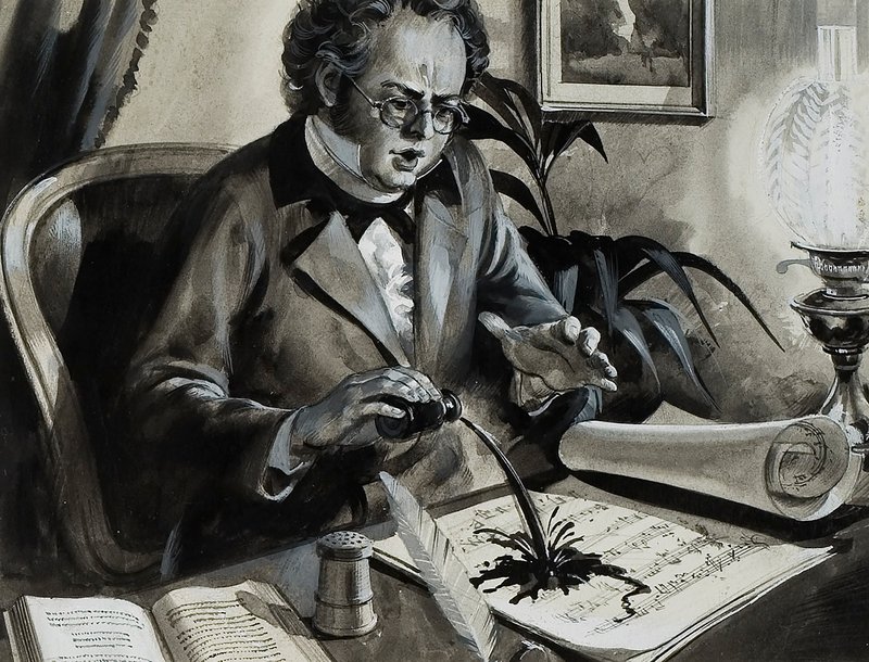 Franz Schubertin muotokuva (guassi paperille) tekijältä Andrew Howat