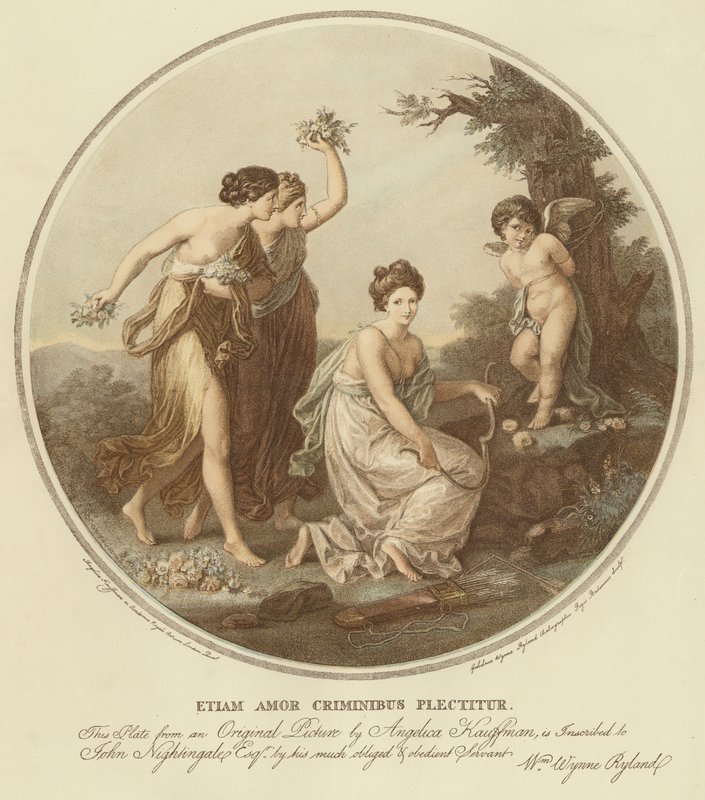 Kaksi nymfiä pilkkaa amoria, joka on sidottu puuhun (väri litho) tekijältä Angelica (after) Kauffmann