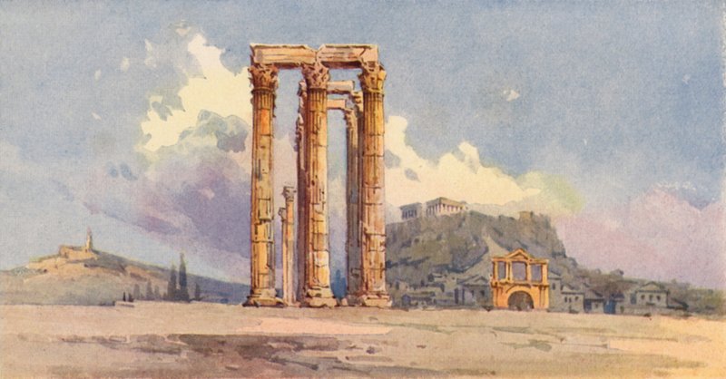 Olympolaisen Zeuksen pylväät, Ateena (väri litho) tekijältä Angelos Giallinos