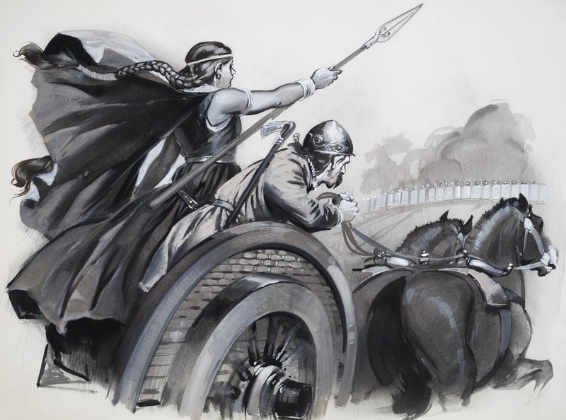 Boadicea lietsoo brittiläisten raivoa roomalaisia herrojaan vastaan (guassi paperille). tekijältä Angus McBride