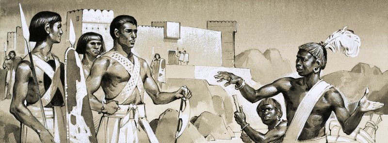 Hyksos, faarao Kamose opastaa erityisesti koulutettuja mustia sotureita taistelutaktiikoissa. tekijältä Angus McBride