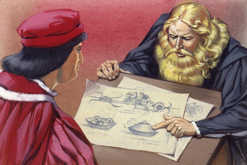 Leonardo Da Vinci selittää Ludovico Sforzalle mahdollisia sotakoneita (guassi paperille). tekijältä Angus McBride