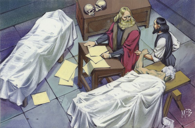 Leonardo Da Vinci tutkii ihmisen anatomiaa käyttäen sairaalassa kuolleiden miesten ruumiita (guassi paperille). tekijältä Angus McBride