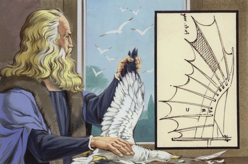 Leonardo Da Vinci tutkii lintuja saadakseen selville, miten ihminen voisi lentää (guassi paperille). tekijältä Angus McBride