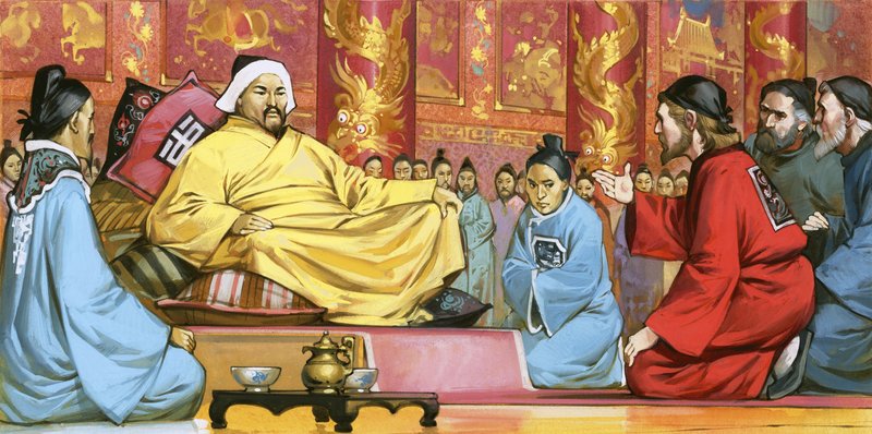 Marco Polo Kublai Khanin hovissa, 20. vuosisata (guassi paperille). tekijältä Angus McBride