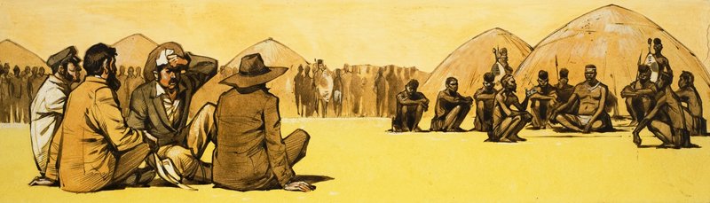 Pioneerit neuvottelevat heimopäälliköiden kanssa Afrikassa tekijältä Angus McBride