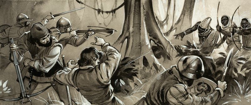 Vihamielisten heimojen hyökkäys portugalilaisia merimiehiä vastaan Pohjois-Afrikassa (guassi paperille) tekijältä Angus McBride
