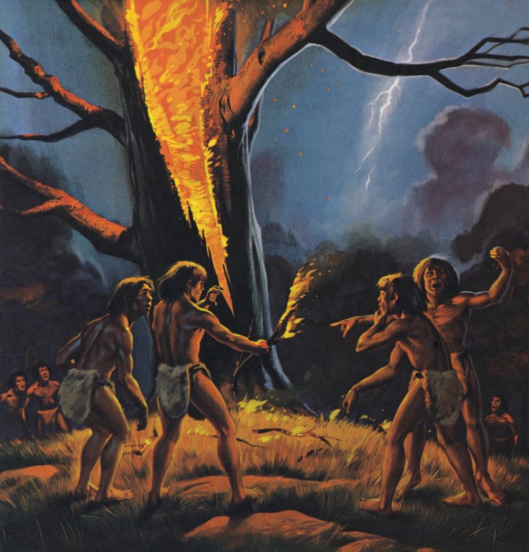 Esihistoriallinen ihminen ja tuli (värilitro) tekijältä Angus McBride