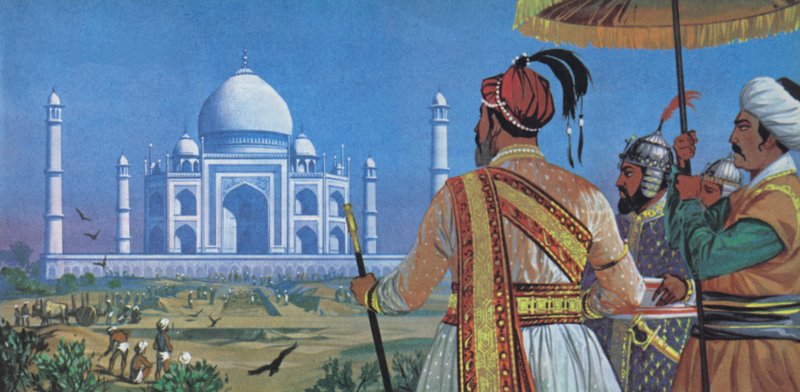 Shan Jahan katsomassa Taj Mahalin rakentamista (värilitografia). tekijältä Angus McBride