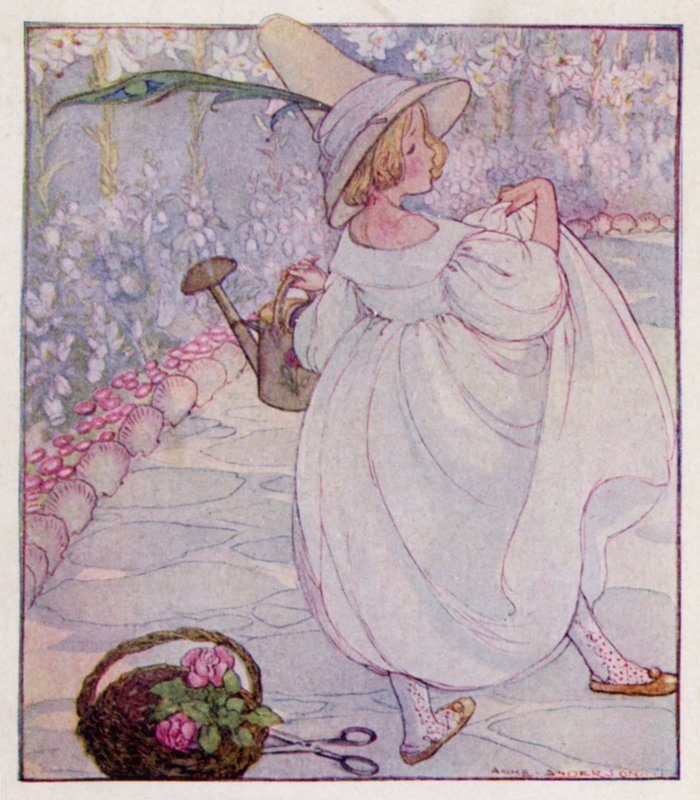 Taimilaulu: Mary, Mary, päinvastoin, Kuinka puutarhasi kasvaa? Hopeisilla kelloilla ja simpukankuorilla, ja kauniilla piikailla rivissä (väri litho) tekijältä Anne (after) Anderson