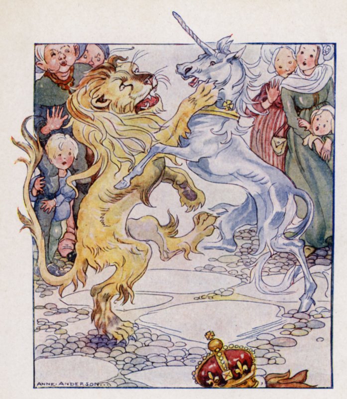 Lastenlaulu: Leijona ja yksisarvinen (väri litho) tekijältä Anne (after) Anderson