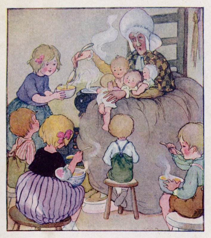 Lastenlaulu: Oli vanha nainen, joka asui kengässä (väri litho) tekijältä Anne (after) Anderson