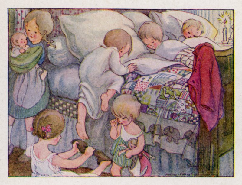 Lastenlaulu: Wee Willie Winkie juoksee kaupungin läpi (värilitho) tekijältä Anne (after) Anderson