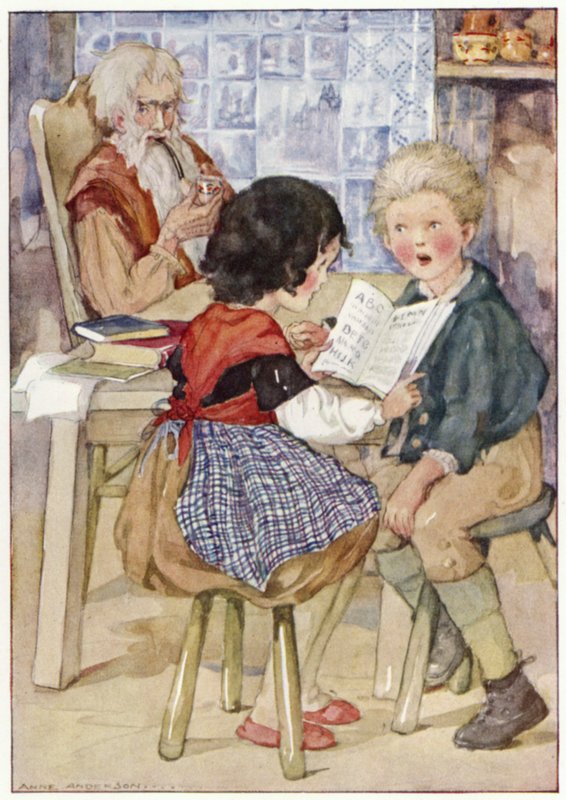 Peter istui tuijottaen Heidiä kauhuissaan (väri litho) tekijältä Anne (after) Anderson