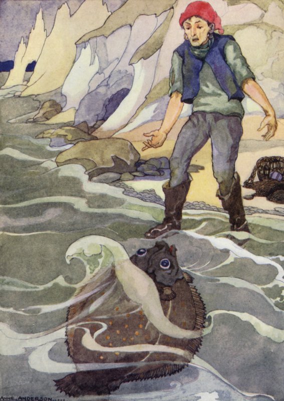 Kalastaja ja hänen vaimonsa, Grimmin veljien satu (värilitho) tekijältä Anne (after) Anderson