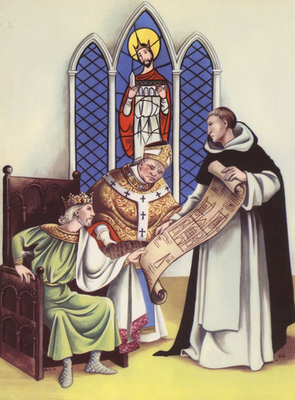 Henrik III suunnittelee Westminster Abbeyn (värilitografia) tekijältä Anne & Johnstone Janet (1928 79) Johnstone