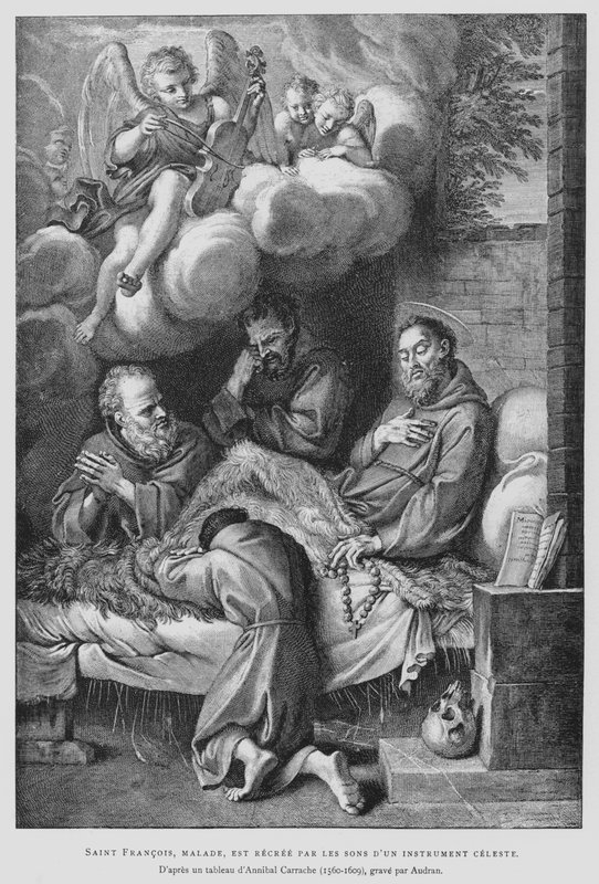 Pyhä Franciscus Assisilainen, joka kärsii sairaudesta, paranee taivaallisen soittimen (litho) äänellä tekijältä Annibale (after) Carracci