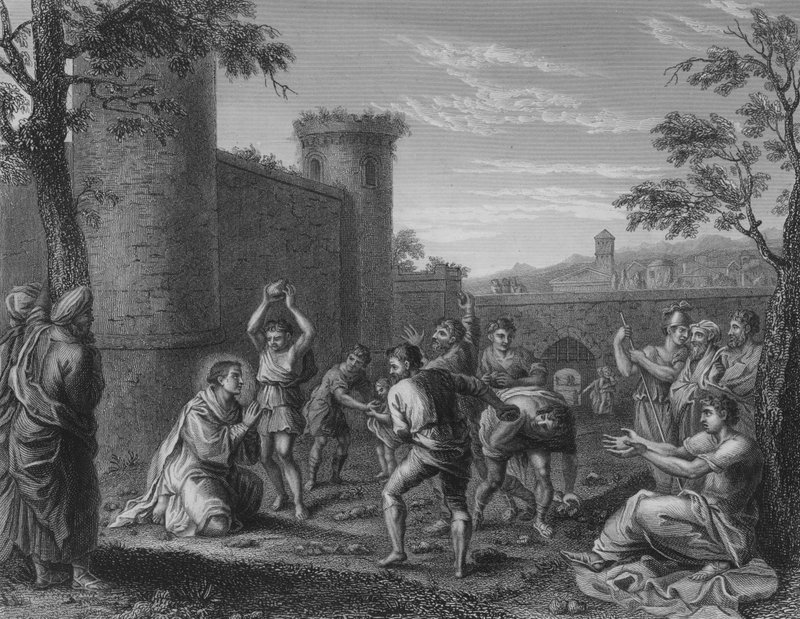 Pyhän Stefanoksen kivittäminen (kaiverrus) tekijältä Annibale (after) Carracci