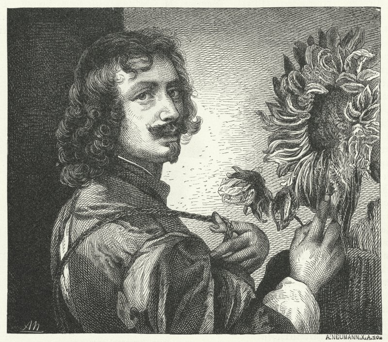 Flanderin barokkitaiteilija Anthony Van Dyckin omakuva (kaiverrus) tekijältä Anthony van (after) Dyck