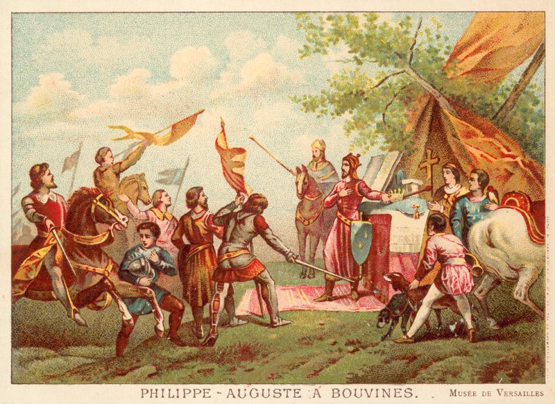 Philip Augustus Ranskalainen Bouvinesissa, 1214 (chromolitho) tekijältä Antoine Charles Horace Vernet