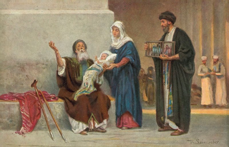 Maria ja Joosef esittelevät Jeesus-lapsen Simeonille (värilitografia). tekijältä Anton Robert Leinweber