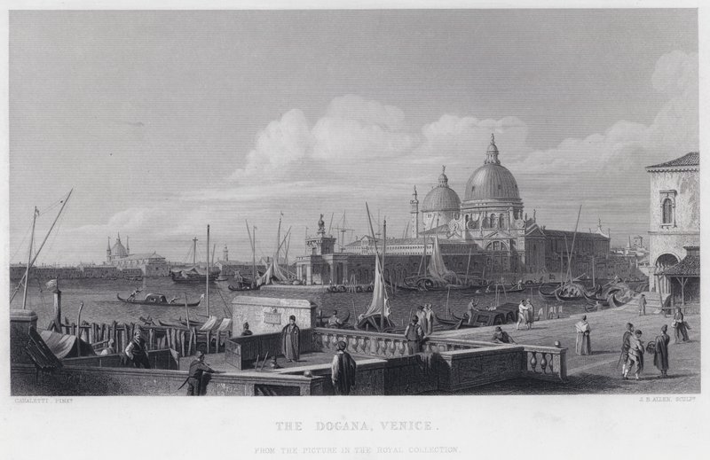 Dogana, Venetsia (kaiverrus) tekijältä Antonio (after) Canaletto