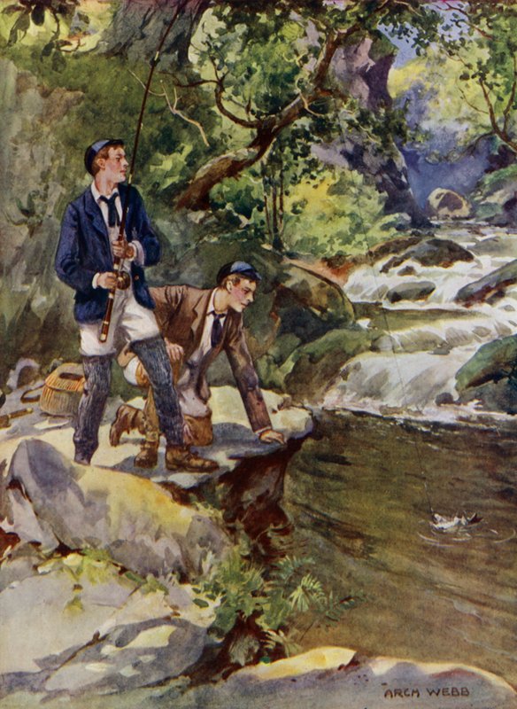 Taimen pyynti (väri litho) tekijältä Archibald Bertram (after) Webb