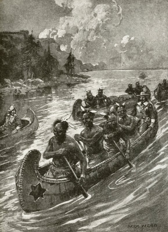 Samuel De Champlain vuonna 1608 kiipeämässä St Lawrence-jokea ystävällisten intiaanien kanooteissa (litho) tekijältä Archibald Bertram (after) Webb
